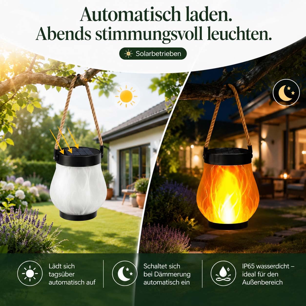 Klynero Solar-Laterne mit Flammeneffekt, USB Wiederaufladbare Außenleuchte (Transparent *2)