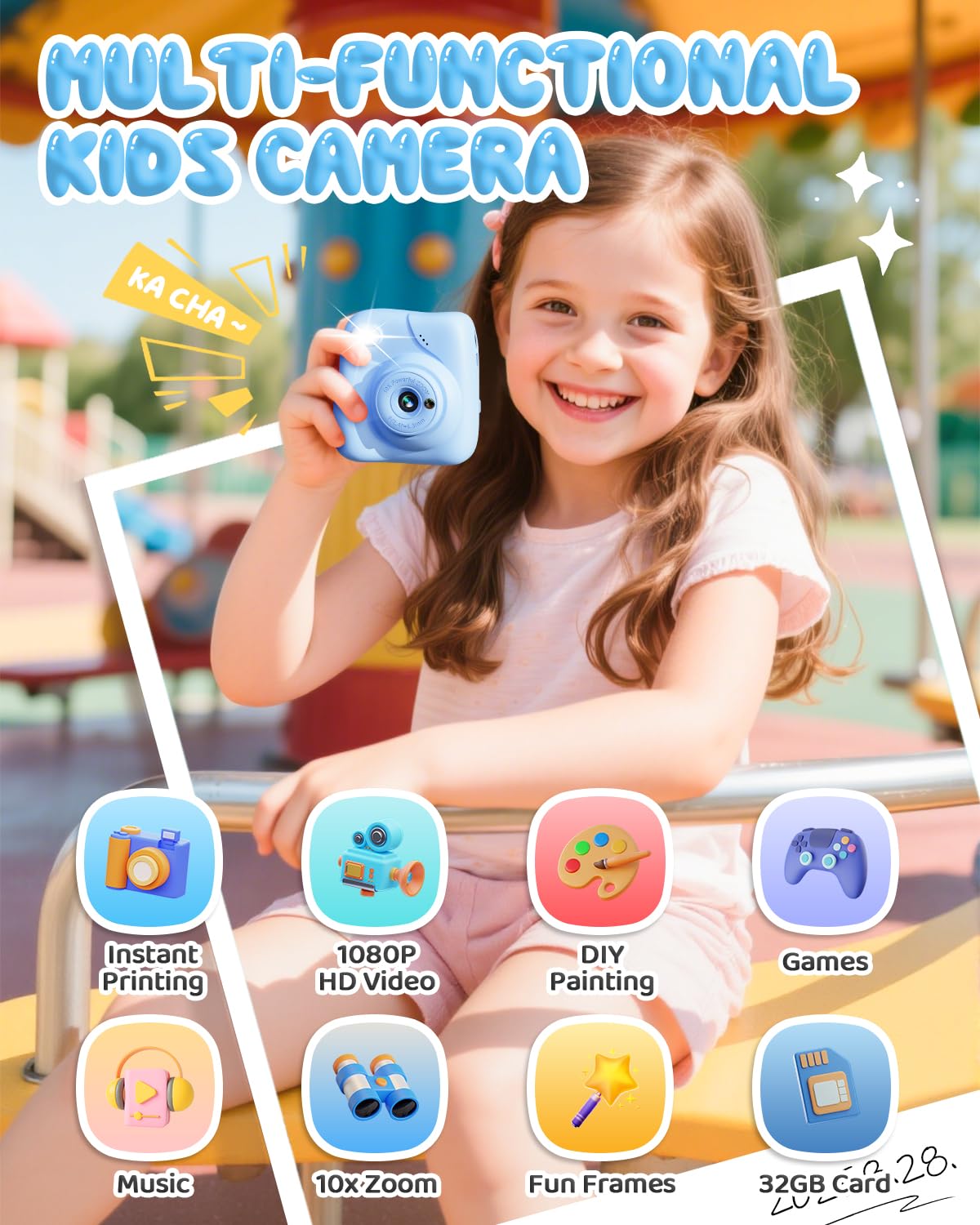 CAMCLID Macchina Fotografica Bambini Istantanea, 1080P HD Macchina Fotografica Istantanea 48MP con Scheda da 32 GB e 3 Rotoli di Carta da Stampa, Regalo per Ragazze Ragazzi da 3-12