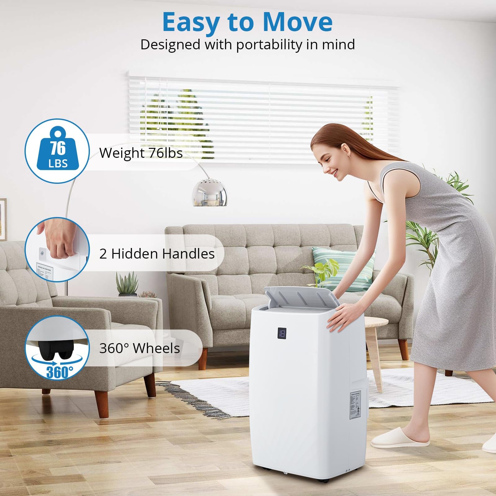 14,000 BTU Portable Air Conditioner With Remote - Cools Rooms Up To 750 Sq Ft, 3-in-1 (AC, Fan, Dehumidifier), 24H Timer, Quiet Operation