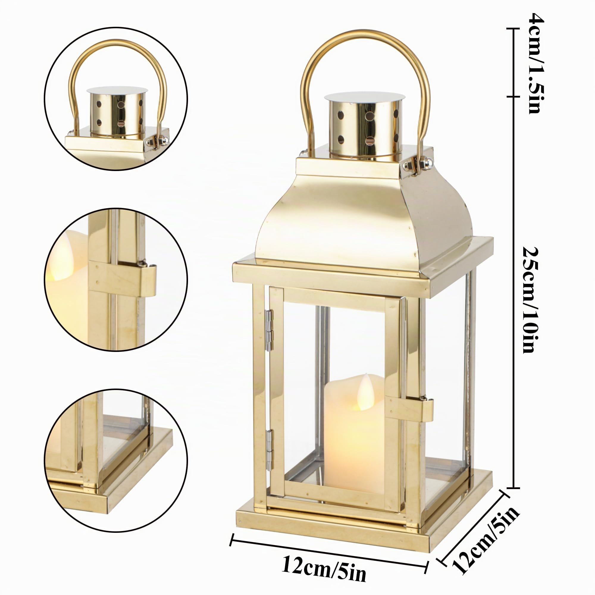 TRIROCKS Windlicht Laterne 2er Set Gold, 25 cm Kerzenlaterne aus Metall & Glas, Deko Laternen für Tisch, Balkon, Terrasse, Hochzeit, Wohnzimmer, Innen & geschützten Außenbereich, ohne Kerzen