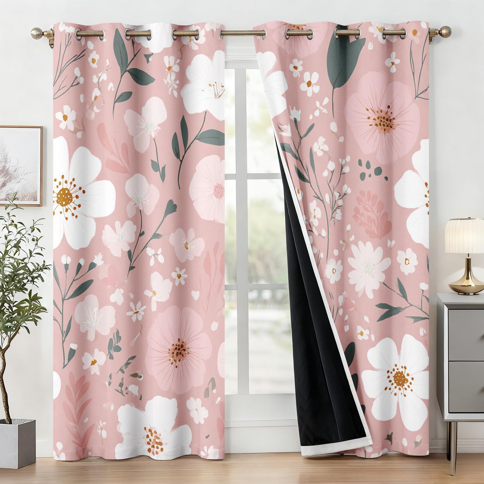 Generisch Rosa Weiße Blumen Vorhang Blickdicht, 95% Blickdichte Vorhänge Botanische Blumen, Verdunkelungsvorhang 137x117 2er Set, Schlafzimmer Wohnzimmer Gardinen mit Ösen Q-D27