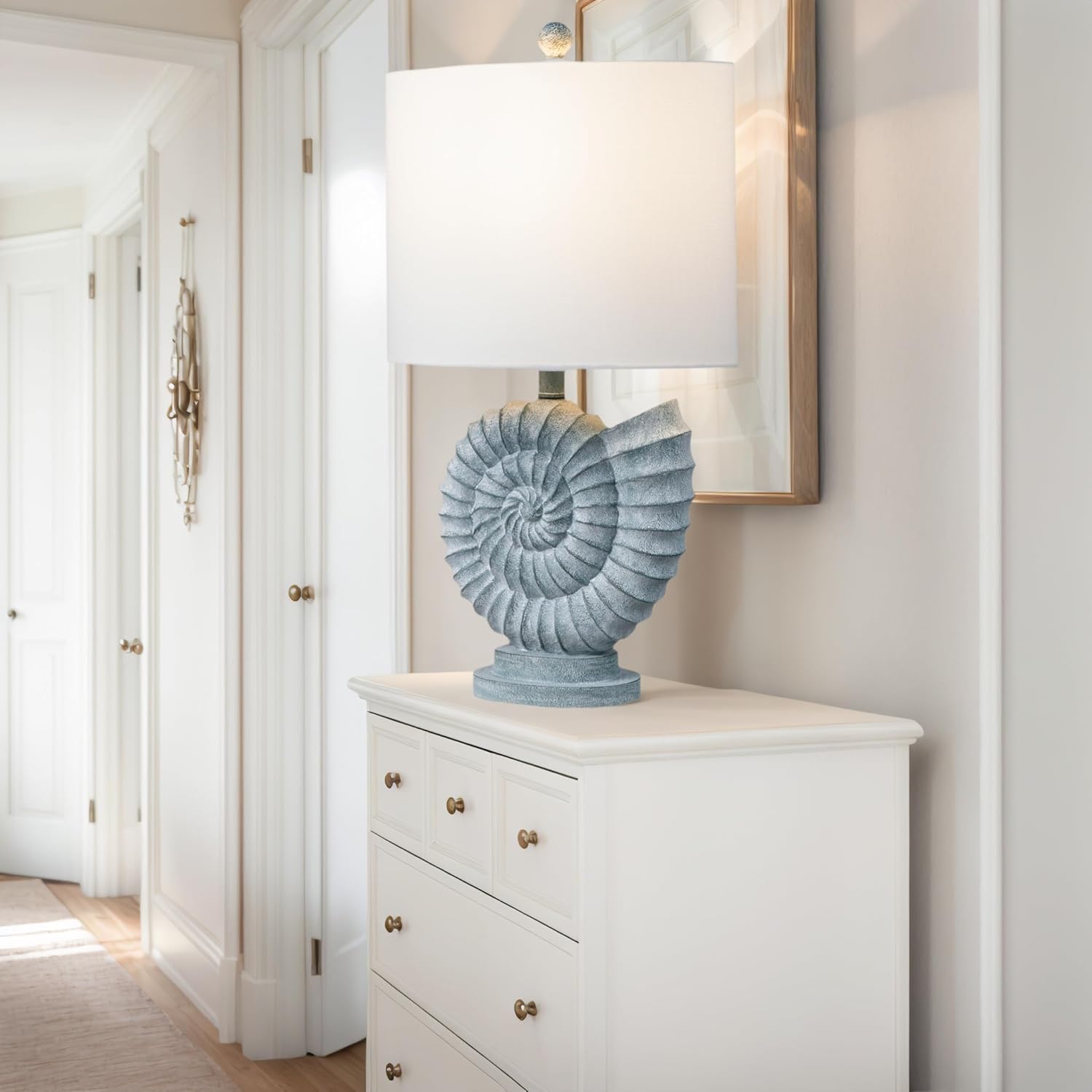 Crestview Collection Coastal Table Lamp, Light Blue Resin Shell Lamp with Linen Shade, Ocean and Nautical Home Decor for Nightstands or End Table, Beach Style Lamp for Bedroom,Living Room,Hallway