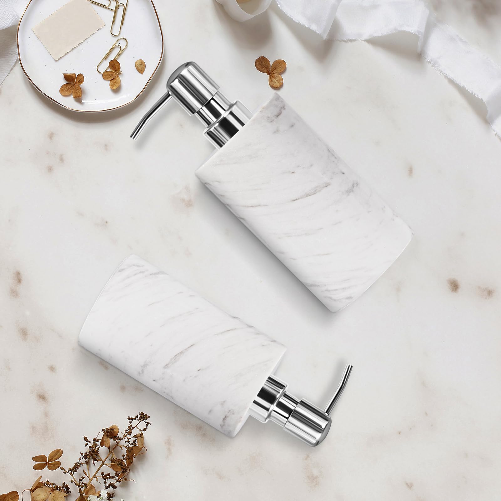 Dispensador de jabón de mármol blanco con bomba de acero inoxidable para encimera de baño, cocina, dispensador de loción y líquido, botella de jabón