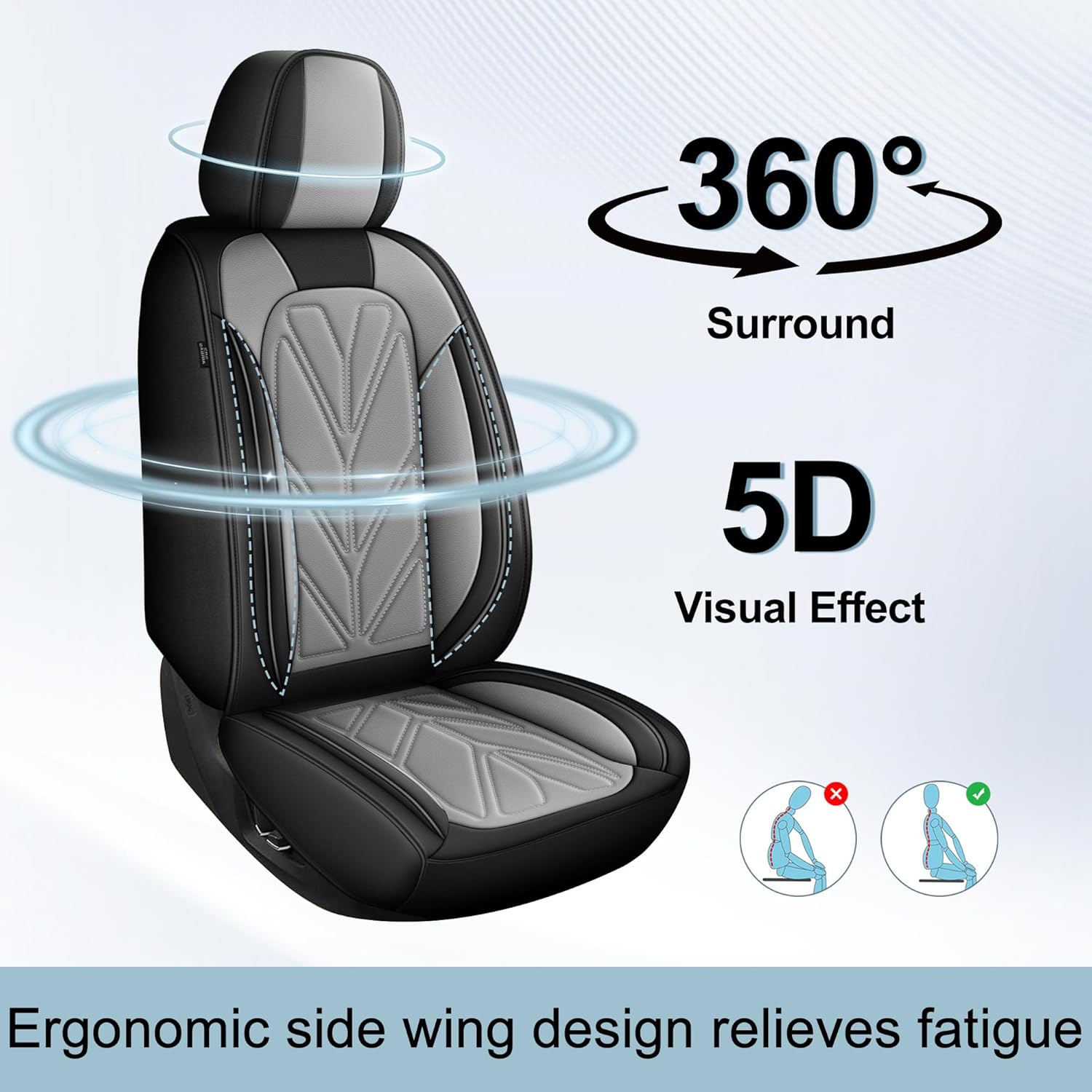 Seat Covers Fit for Dodge Ram 1500 2500 3500 2002-2024 2025 2026 - Waterproof Faux Leather Car Seat Cover(5 Seats, Black& Grey, Curved Bench)