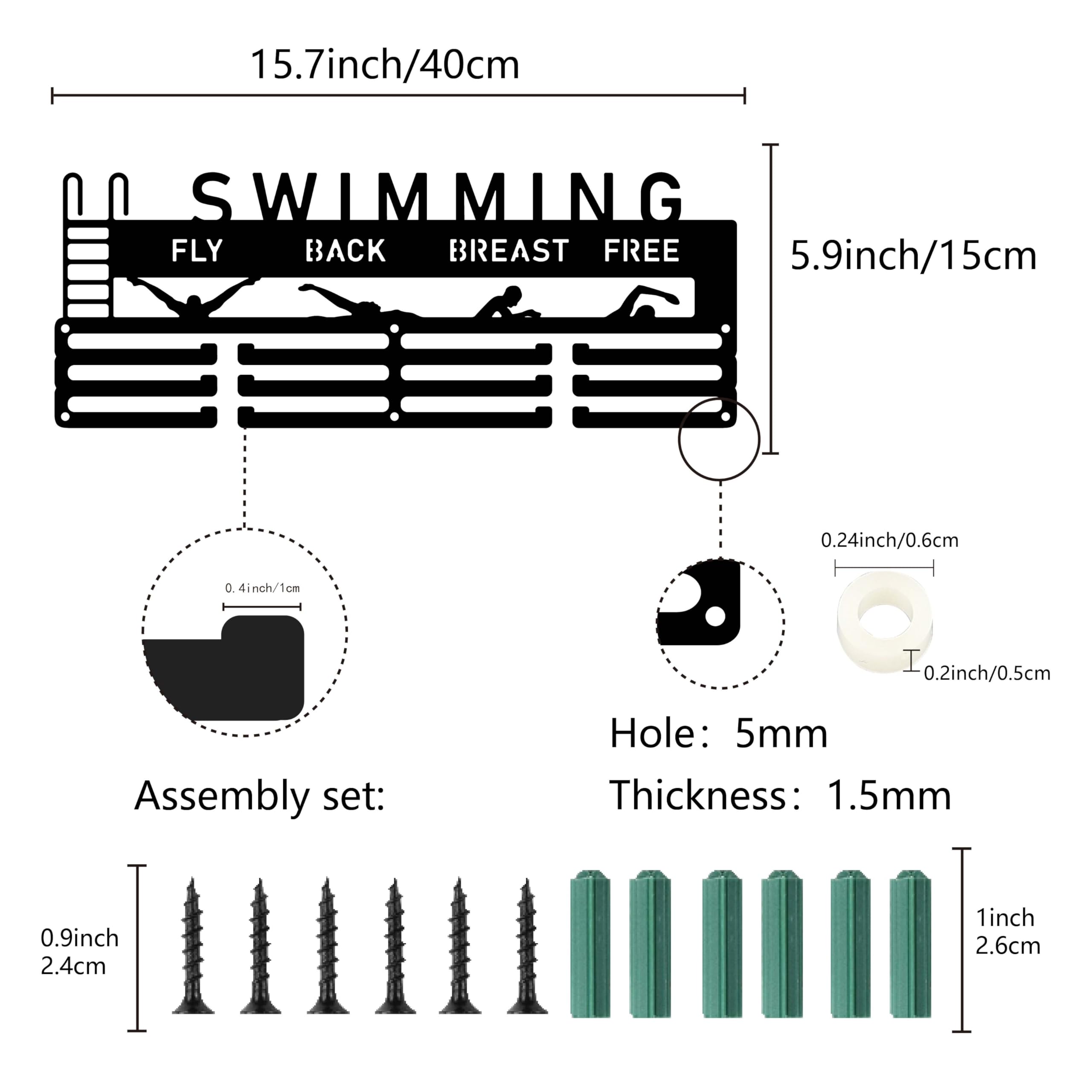 CREATCABIN Colgador para Medallas Natación, Organizador Medallas Hierro Y Metal Negro, Marco para Colgar sobre 60 Medalla, 40x15cm