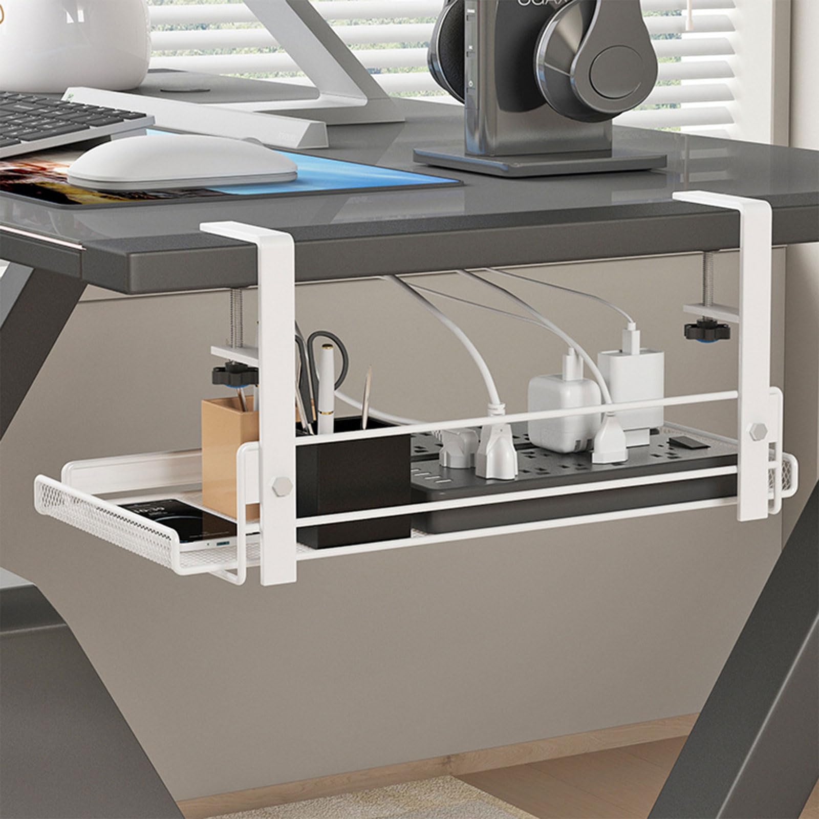 Platzsparender Korb unter dem Schreibtisch, Untertischbox, Aufbewahrungslösung für den Schreibtisch, mit Karbonstahlkorb, Büroorganisation