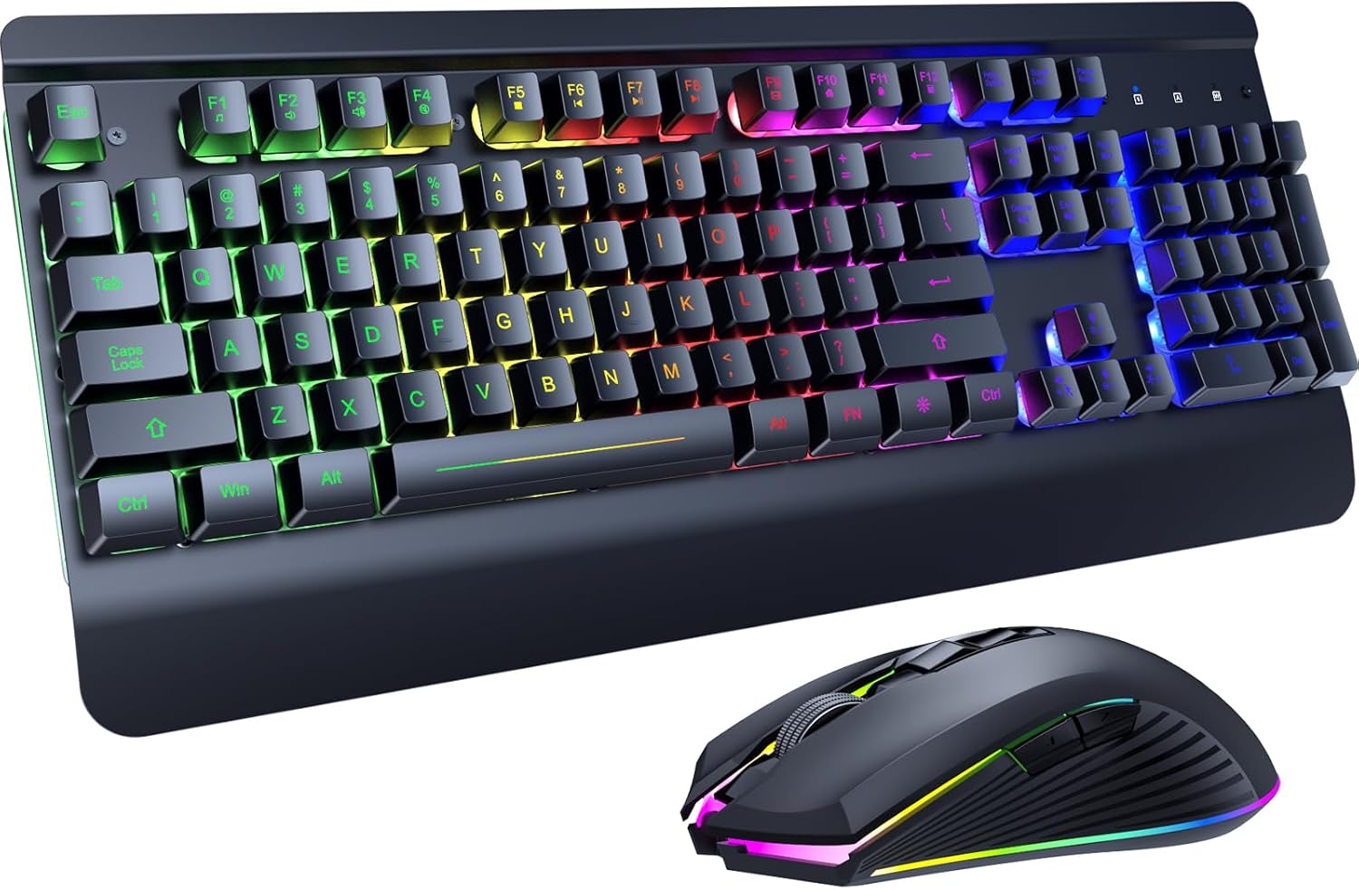Wireless Gaming Keyboard and Mouse Combo, Metal Panel, 7 Color Backlits, Rechargeable 3200 mAh Battery, Wrist Rest, Sleep Mode, Light Up Keyboard + 7D 3200DPI Gaming Mice for PC Gamer