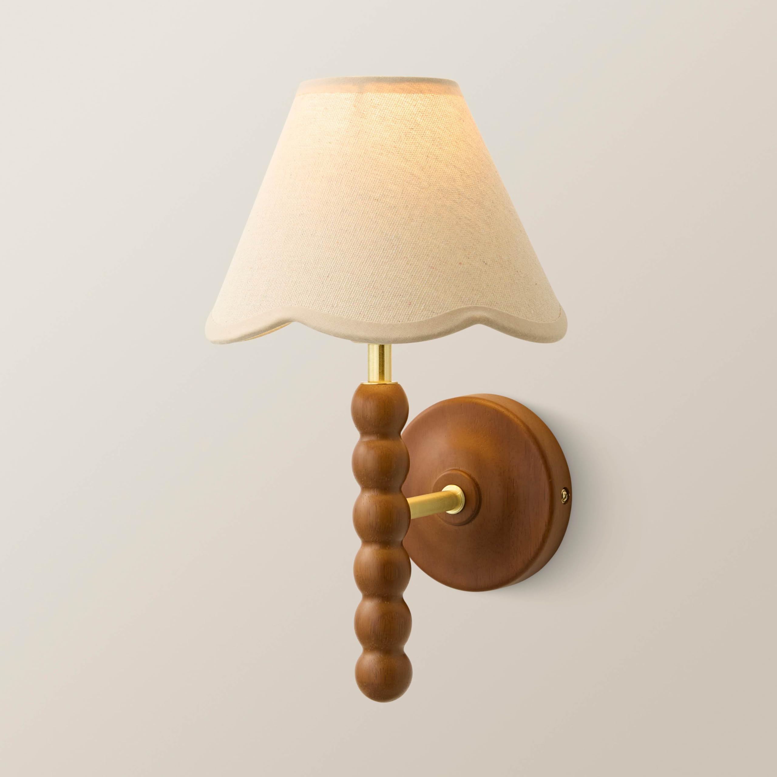 ValueLights | Bobbins Walnut Bobble Wall Light and Natural Trim Linen Lamp Shade | Mains Wired