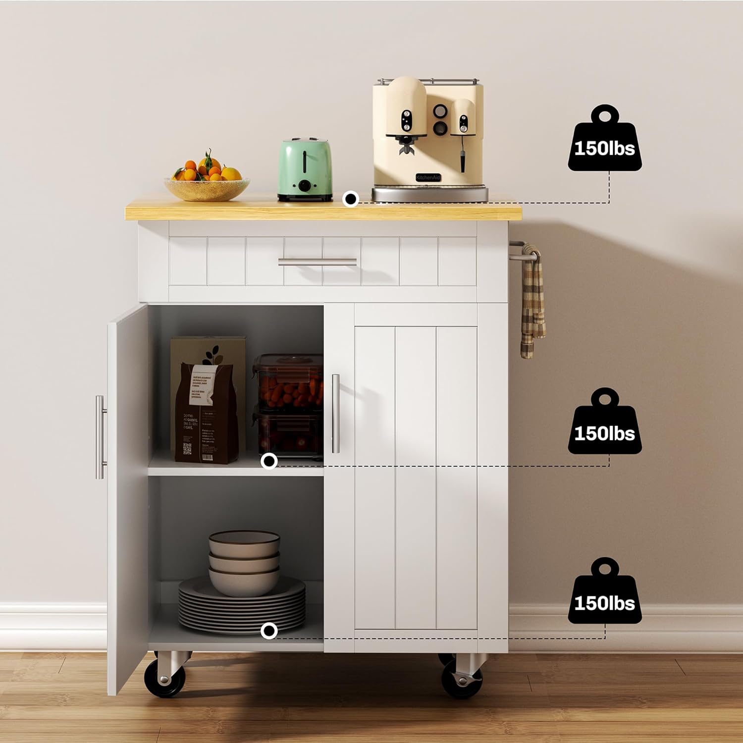 SUNLEI Rolling Kitchen Island Cart with Storage & Drawer – 26" Portable Kitchen Cart with Lockable Wheels, Towel Rack & Open Shelves for Kitchen, Dining Room, Living Room(White)