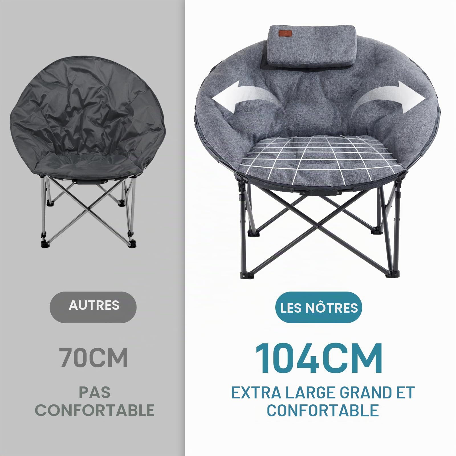 EVER ADVANCED Luxus Moonchair Chaise de Camping XXL Pliable Ronde Charge maximale 150 kg Chaise Pliante épaisse avec Coussin Extra Large pour l'extérieur, Camping, Jardin, Balcon, intérieur Gris