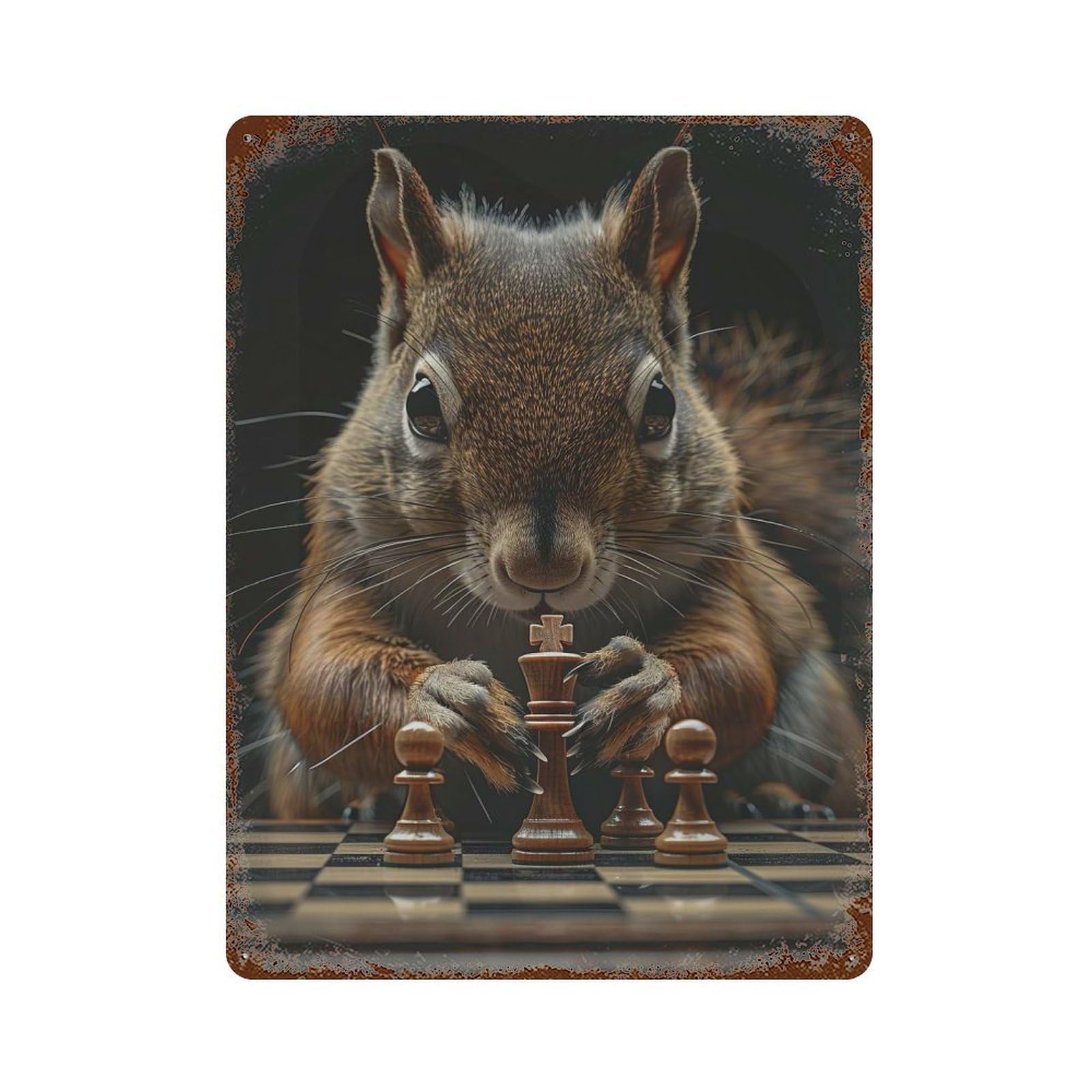 Squirrel Chess Decorative Tin Sign 15.7"x11.8", Retro Wall Decor for Living Room, Hallway And Home Decor