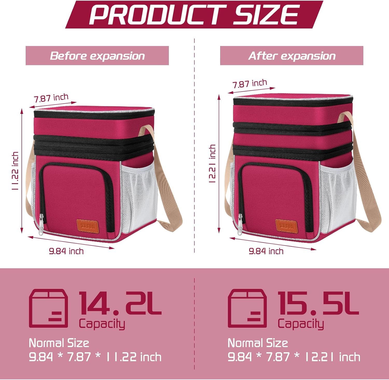 Insulated Lunch Bag for Women Men, Reusable 3 Layers Lunch Box Women, Expandable Reusable Water-resistant Lunch Box for Work Travel Office Picnic Hiking (Red) - Image 5