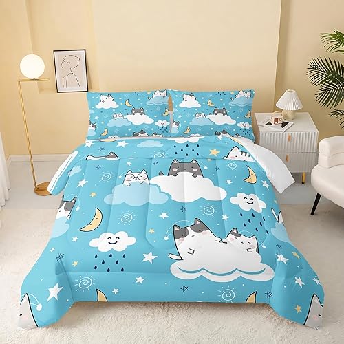 QOOMO Edredón de gato tamaño individual, juego de edredón de gatos de nube azul para niños, adolescentes, niñas, niños, juego de ropa de cama