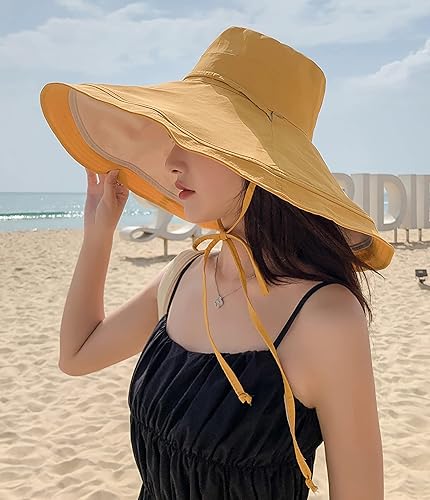 Miniatura 26 de Sombrero de sol de ala súper ancha para mujer, de algodón, plegable, reversible, con borde con cable, protección UV, verano, playa, viajes, jardín