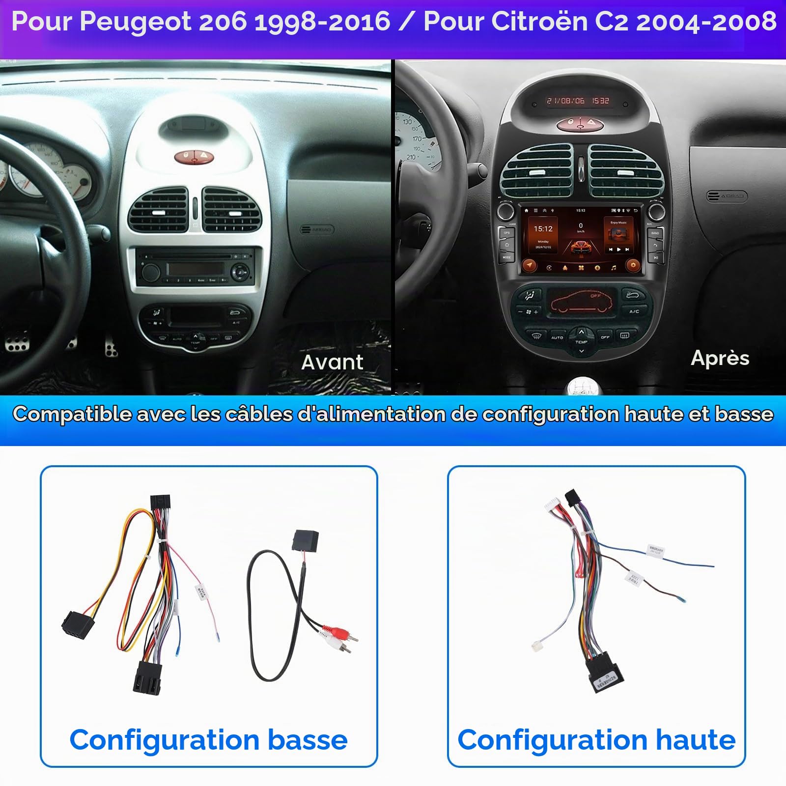 Android 15, 2G+64G CAMECHO Autoradio pour Peugeot 206 206CC 2002-2010 avec Carplay Android Auto, 7 Pouces Écran Tactile avec GPS Navi WiFi Mirror Link Bluetooth FM/RDS SWC Caméra de Recul