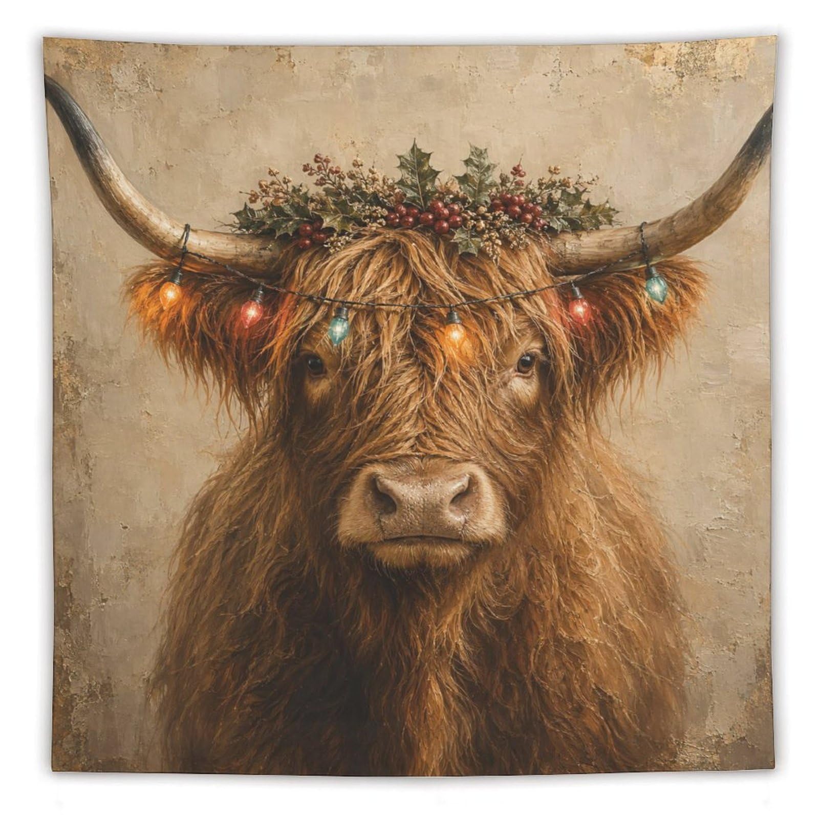 H3B8U2Y5 Highland Cow Floral Portrait Wall Tapestry, Rustic Farm Animal