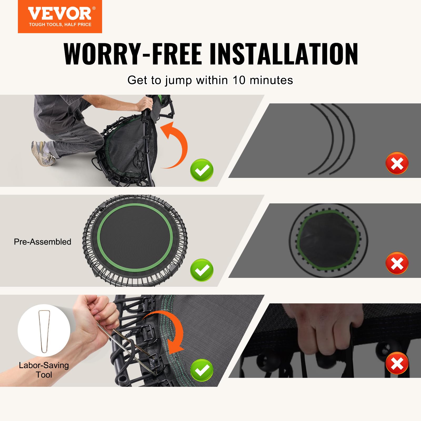 VEVOR Mini Trampoline Pliable, 1027 mm, Fitness rebounder, Charge Max. 150 kg, Stable et Silencieux avec poignée en Mousse réglable en Hauteur à 4 Niveaux, pour entraînement intérieur/Jardin Adultes