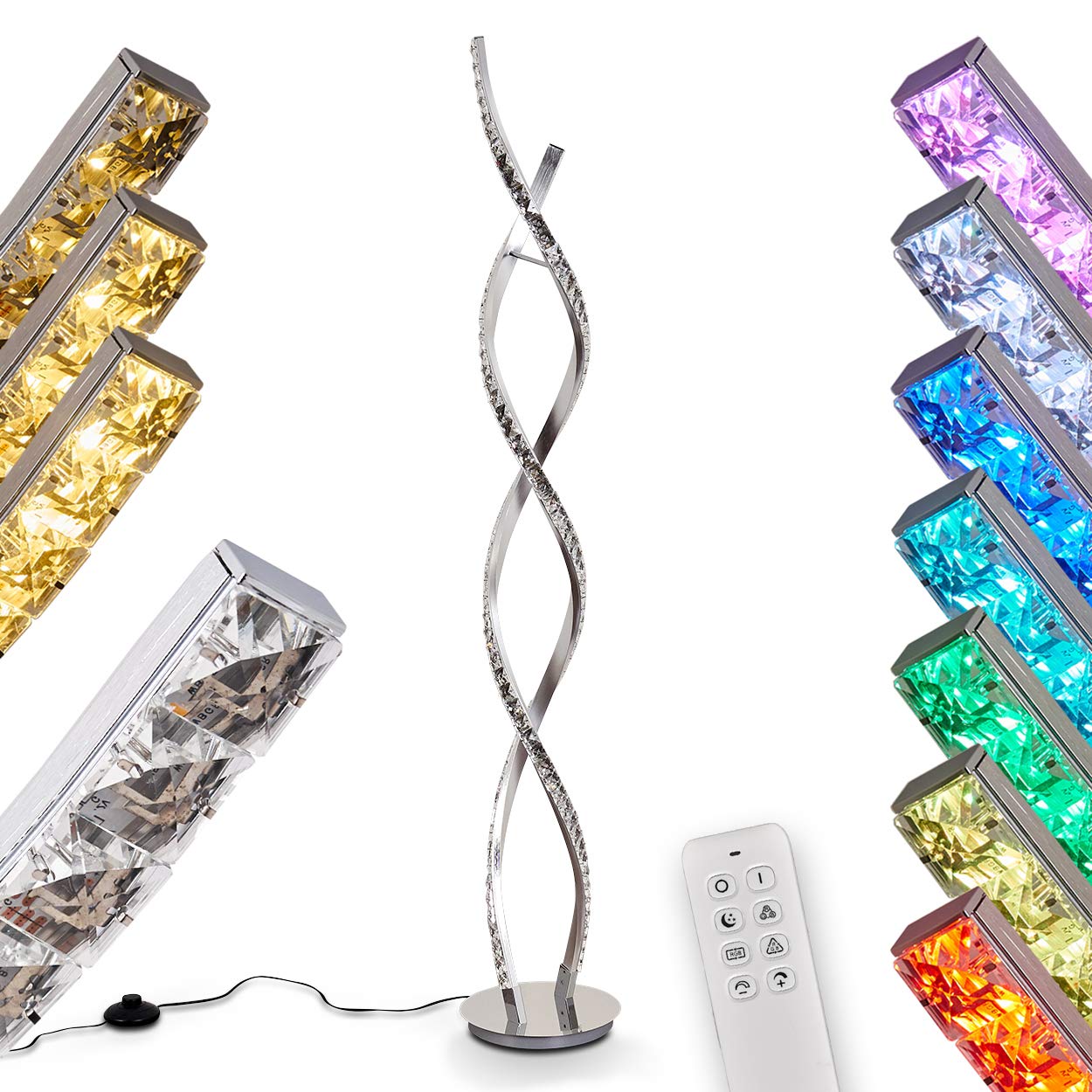 LED Stehleuchte Assuan, moderne Stehlampe aus Aluminium/Kunststoff in Chromfarben/klar, LED 36 Watt, 1400 Lumen, 3000 Kelvin, über Fernbedienung dimmbar, mit Farbwechsler, mit Fußschalter am Kabel