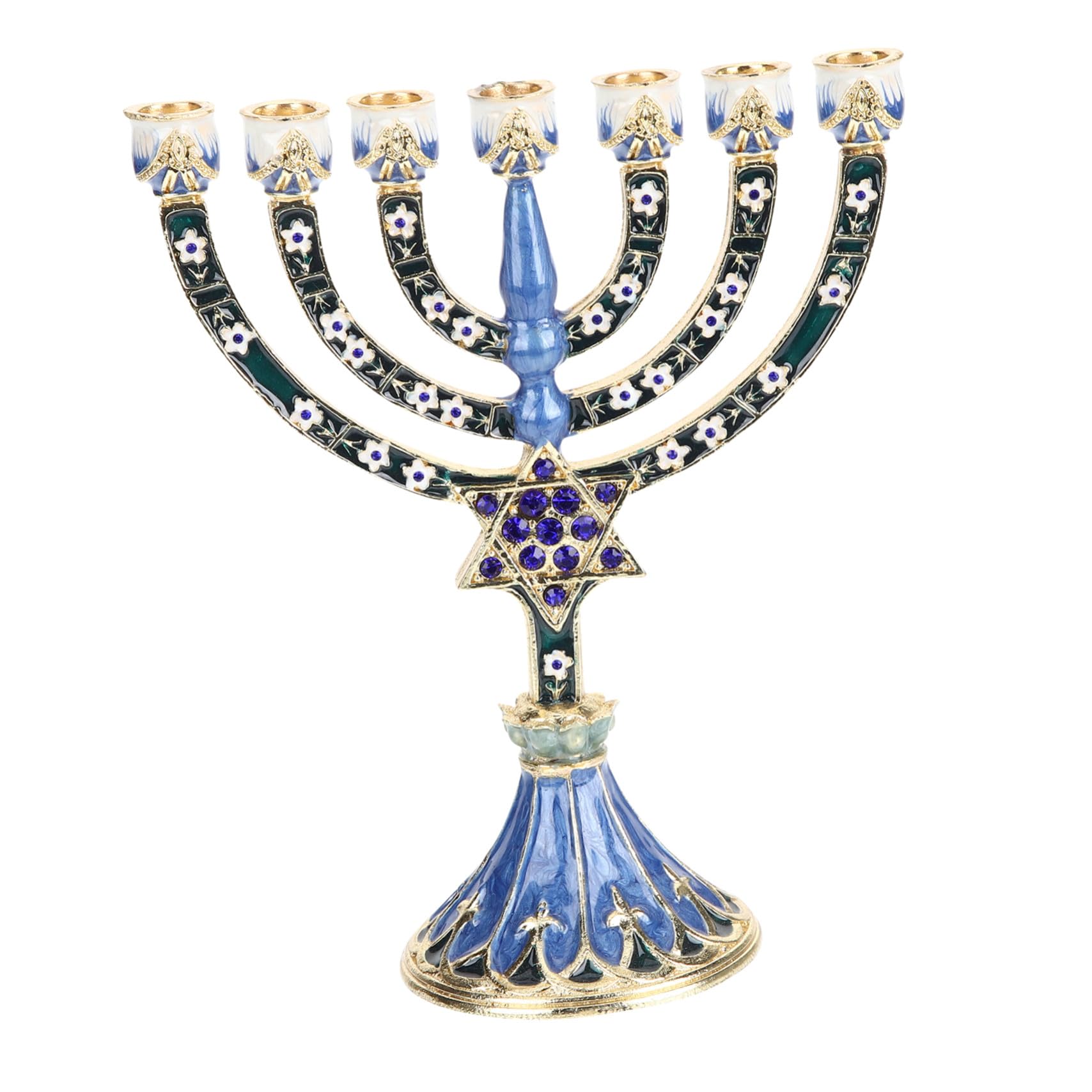 Candelabro de Metal de 7 Brazos Azul, Estilo Vintage | Aleación, Diseño Religioso, Acabado Detallado, Uso Prolongado, Adorno para Mesa y Escritorio