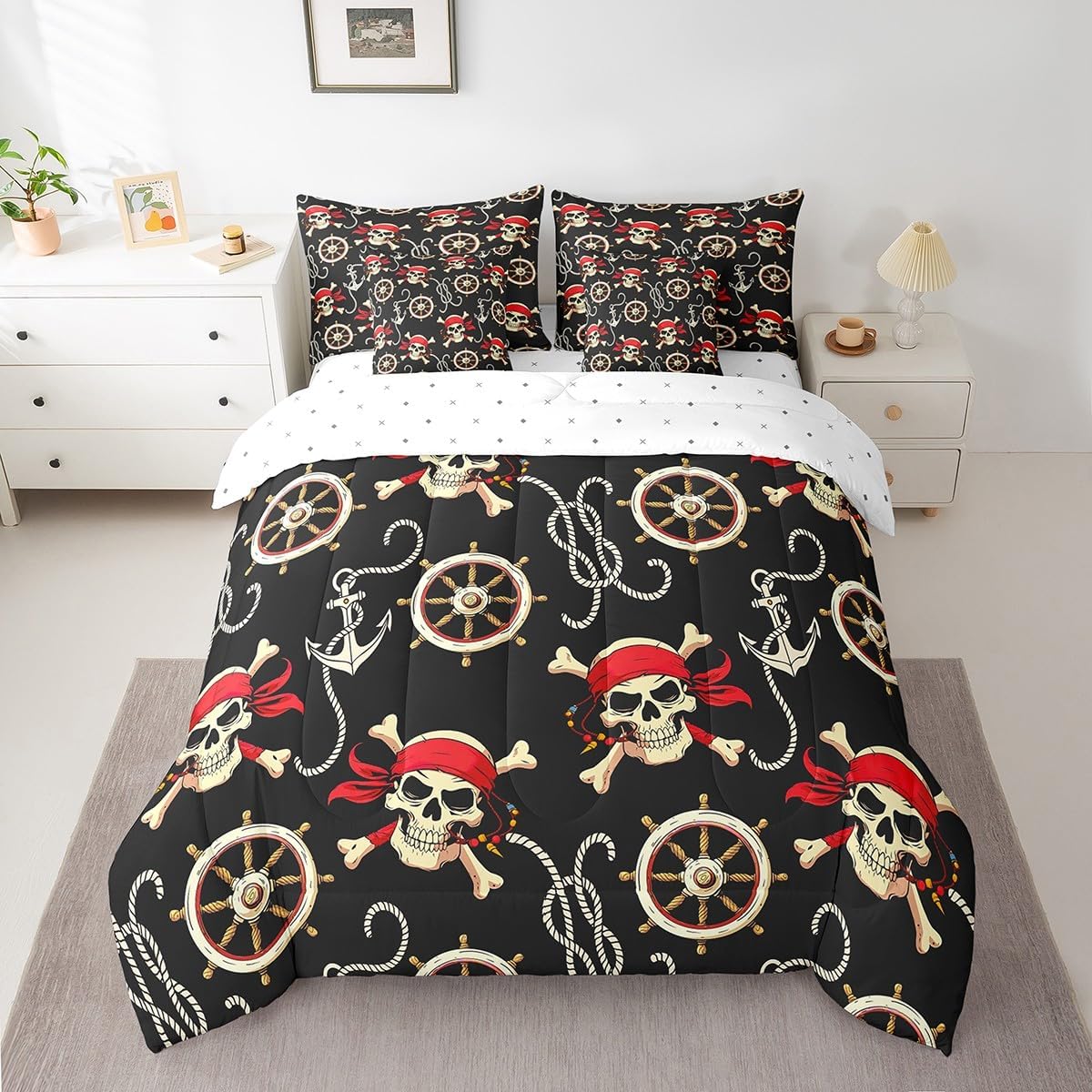 Feelyou Skull Bedding Set Boys Nautical Pirate Bed in a Bag Ocean Comforter Set Full Size 7 Pieces for Kids Men Sea Bed Set with Comforter, Sheet Set, Pillowcases, Pillow Covers Rudder Skeleton
