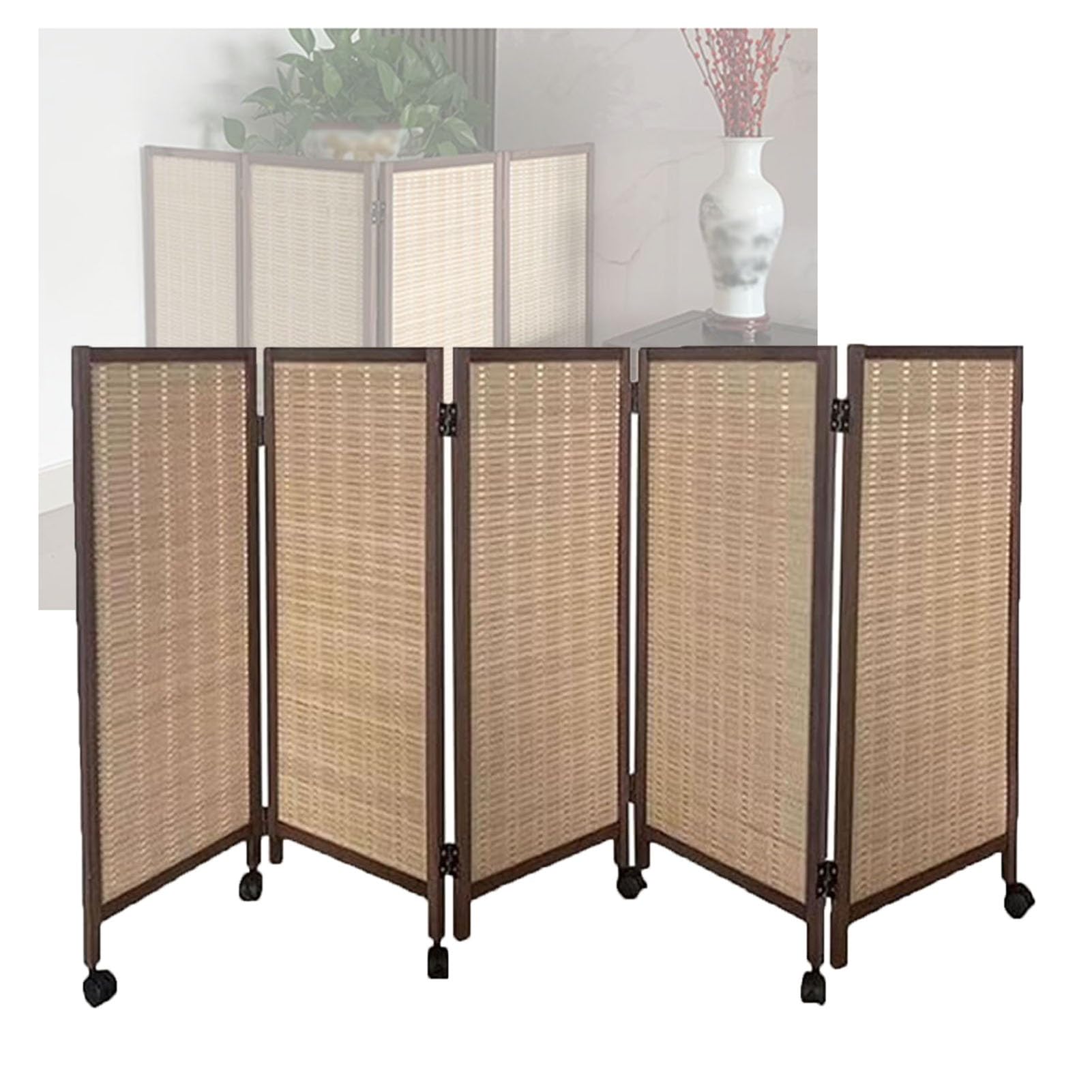 Cloison de séparation à 5 panneaux en bambou pliable et mobile avec poulies occultantes pour la maison, l'école et la maternelle (100 x 40 cm) – Solution d'intimité élégante