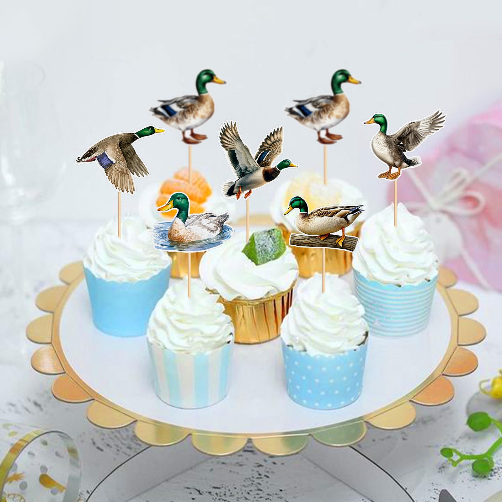 24PCS Duck Hunting Cupcake Toppers Duck Birthday Party Baby Shower Theme Decorations Party Supplies for Baby Boy Girl Birthday Duck Theme Party Cake Decorations Birthday Party Supplies green