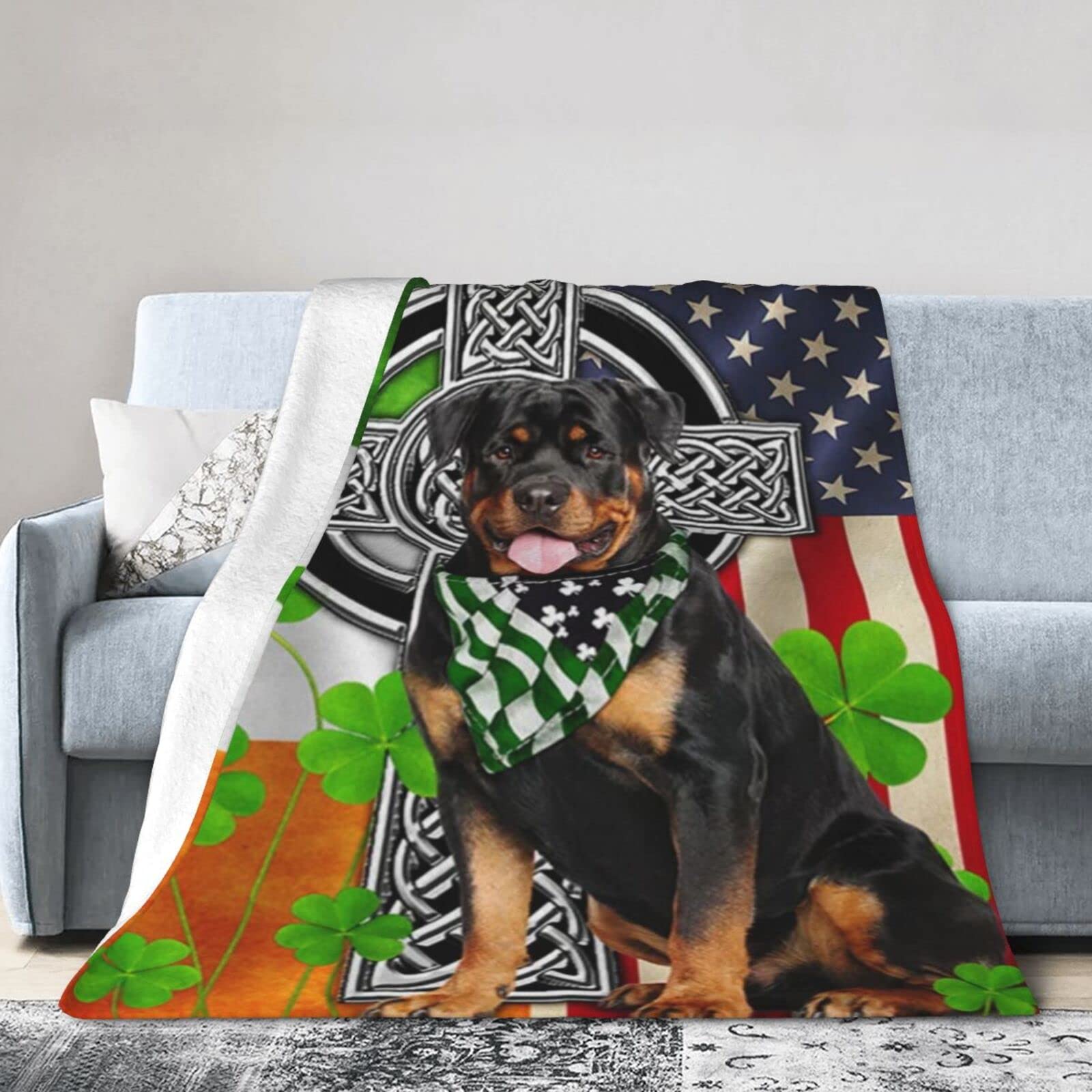 Lsjuee Flannel Fleece Blanket 80"X60" American Rottweiler Irish Cross Shamrock Sofa Throw Blanket Lightweight Ultra-Soft Travel Spring Blankets for Boys Keep Warm