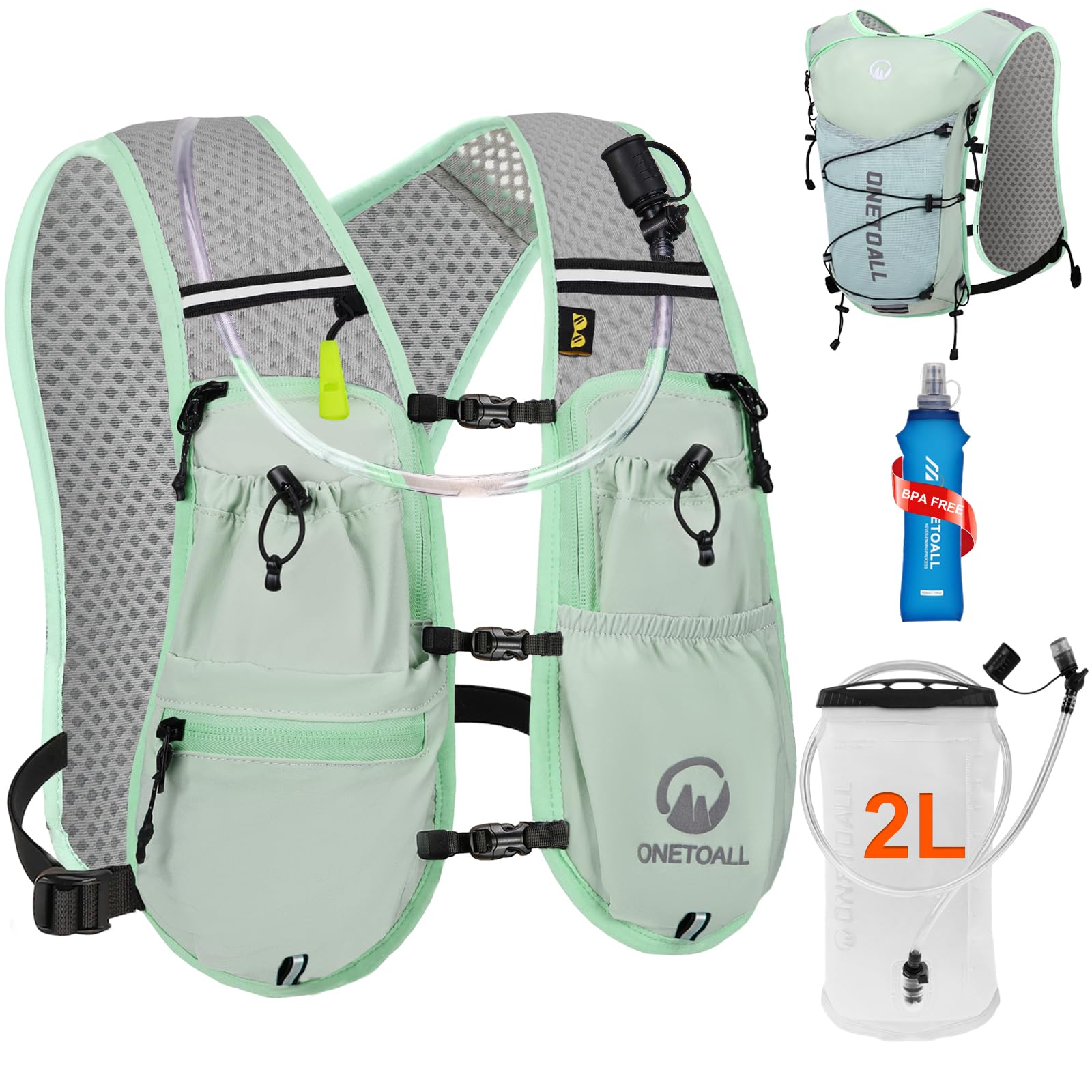 ONETOALL Running Vest Women with TPU Water Bottle 500ml & Water Bladder 2L, Lightweight Hydration Running Vests Mens, Reflective Running Backpack for Hiking Marathon Biking Sci