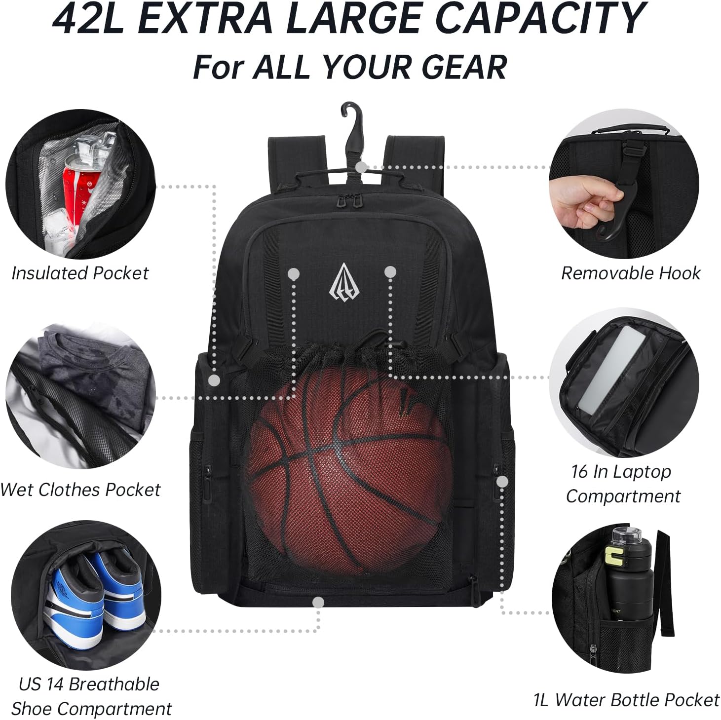 42L Basketball Bag with Ventilated Shoe Compartment & Detachable Ball Mesh,Pro Basketball Backpack for Boys with Wet Dry Separation,Insulated Cooler Pocket,Varsity Training Gear
