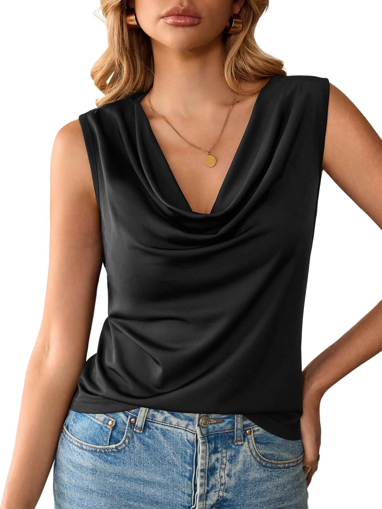 Women's Cowl Neck Tank Top Sleeveless Dressy Business Casual Blouse Sleeveless Tops, Soft Satin-Like Fabric, Elegant Draped Cowl Neck, Summer, Business, Parties, Date Nights, Everyday Wear