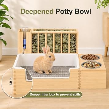4-in-1 Rabbit Litter Box with Hay Feeder, Waterproof Bunny Toilet