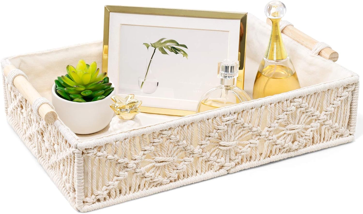 Mkono Macrame Decorative Tray Boho Home Decor Basket with Wooden Handles Handmade Woven Jewelry Perfume Makeup Storage Organizer for Vanity, Dresser, Countertop, Bedroom, Living Room, 14''L x 10''W