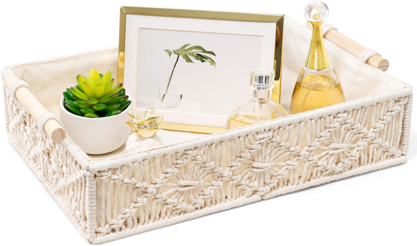 Mkono Macrame Decorative Tray with Wooden Handles Boho Decor Serving Tray Table Desktop Shelf Cabinet Storage Organizer for Bedroom Living Room Kitchen Nursery, Ivory