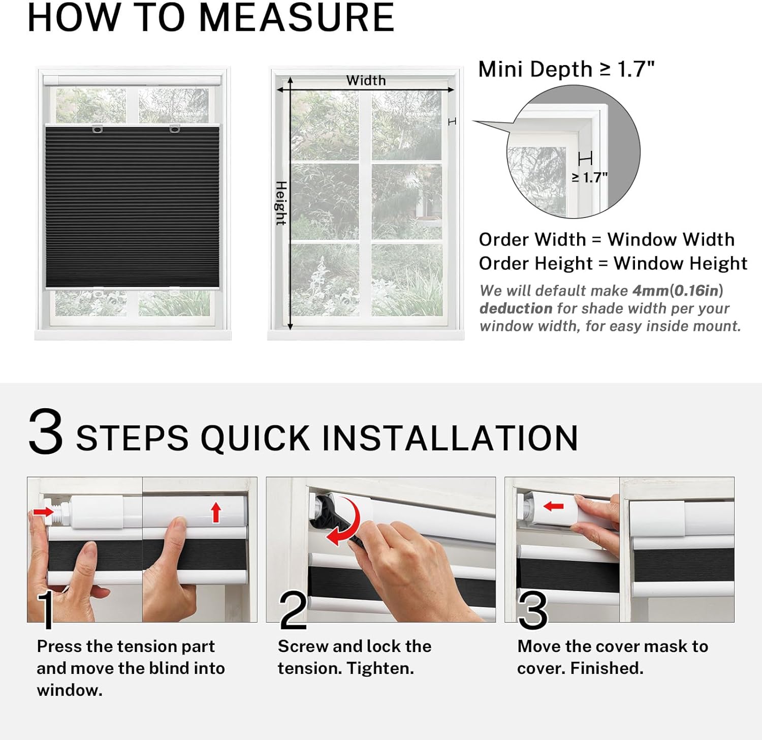MiLin Top Down Bottom Up Cordless Cellular Shades No Tools No Drill Blinds for Windows Shades for Indoor Windows Honeycomb Blinds - 100% Blackout Black