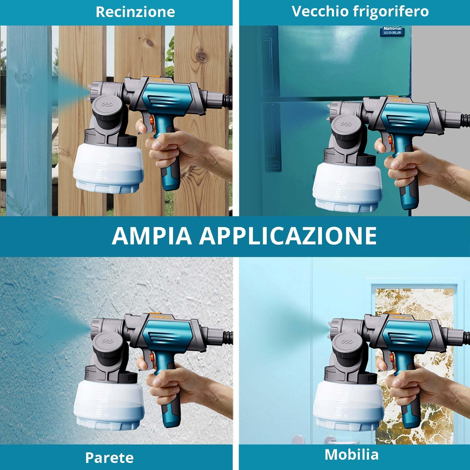 Tilswall Pistola a Spruzzo per Verniciare Shark 800, Pistola Vernice Elettrica con Contenitore 1300 ML, 4 Ugelli in Ottone e 3 Modalità di Spruzzo, 1200 ML/MIN, Facile da Pulire per Mobili, Pareti