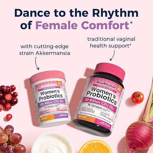 Miniatura 7 de NewRhythm Probióticos para mujeres, Akkermansia Probióticos, biotina, vitamina B6 B12 e inositol, 120 mil millones de UFC, 20 cepas, enzimas