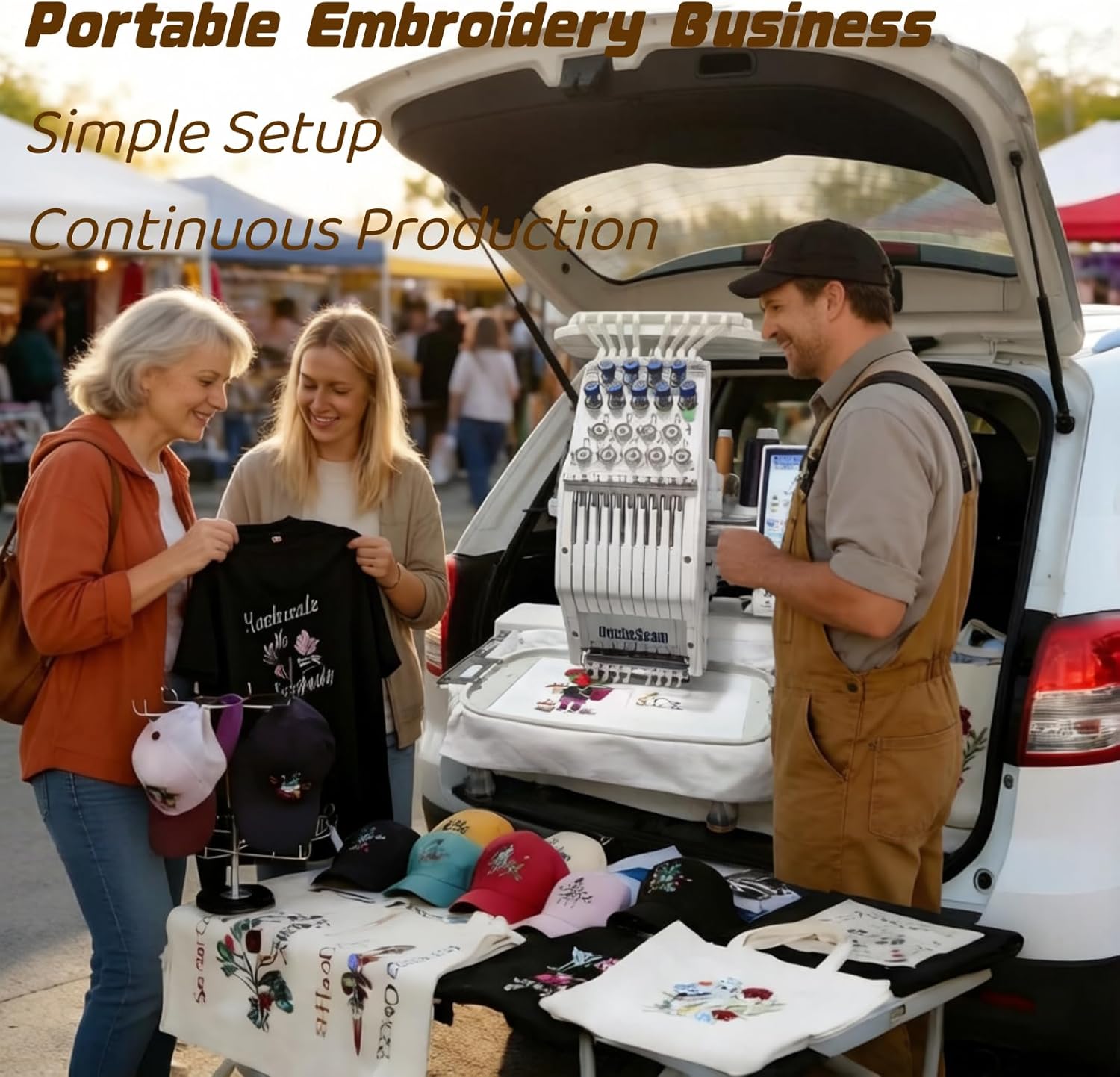 Compact Embroidery Machine with 9 Needles, 1200SPM Max Speed, 10“ Touch Screen, 8"x12" Embroidery Area, For Flat, Hat, T-shirt etc.