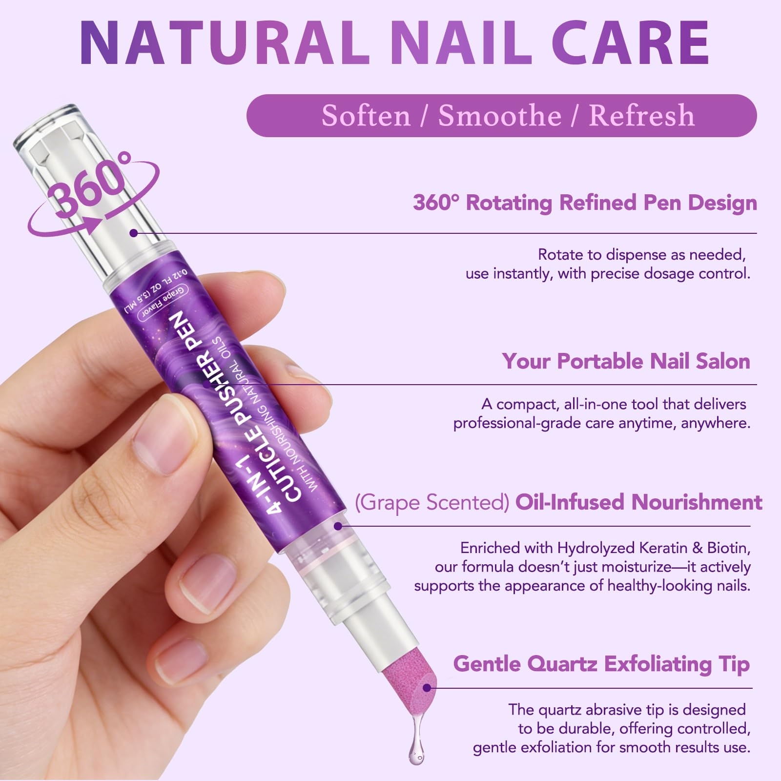 Repousse-cuticules - Crayon d'huile - Forme en douceur les cuticules et affine la surface des ongles - Stylo pour enlever les cuticules - Gommage doux - Arôme de raisin pour les habituelles