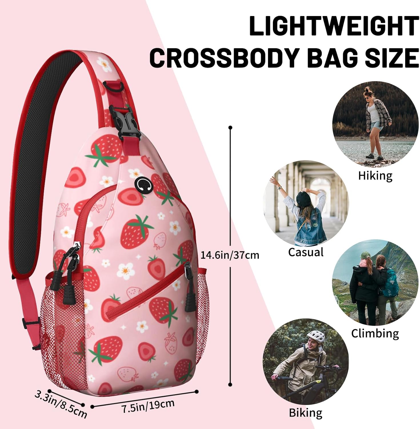 Red Strawberry Sling Bag Crossbody Chest Bag for Women Men, Water Resistant Lightweight Casual Crossbody Bag with Adjustable Strap, Travel Hiking Daypack Shoulder Backpack