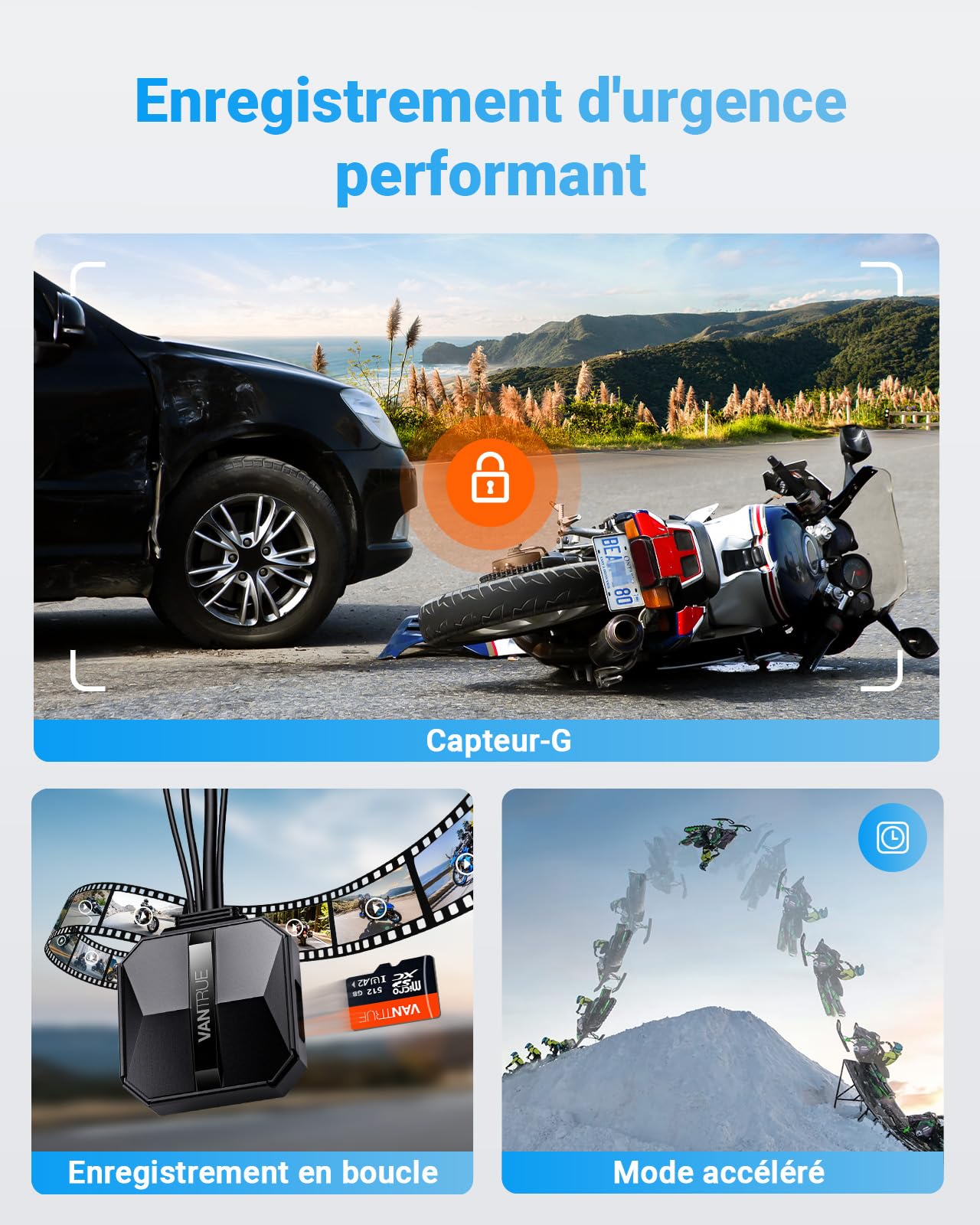 VANTRUE F1 4K+1080P Caméra de Moto étanche IP67，5GHz WiFi GPS Dashcam Moto Avant et Arrière, Alertes Vocales, 24H Détection de Collision，Statistiques de Kilométrage，WDR & HDR & Appli,300° Max 512G