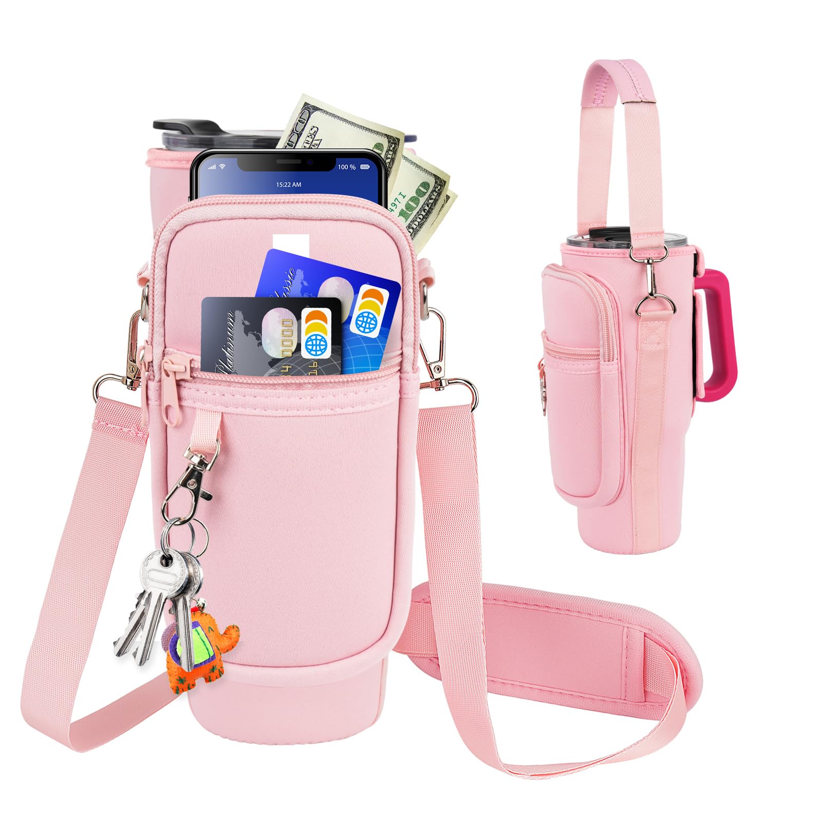 Water Bottle Carrier Bag with Phone Pocket Compatible with Stanley/Simple Modern 30 oz Tumbler with Handle,Water Bottle Holder Pouch with Adjustable Strap Compatible with Stanley Cup Accessories,Pink