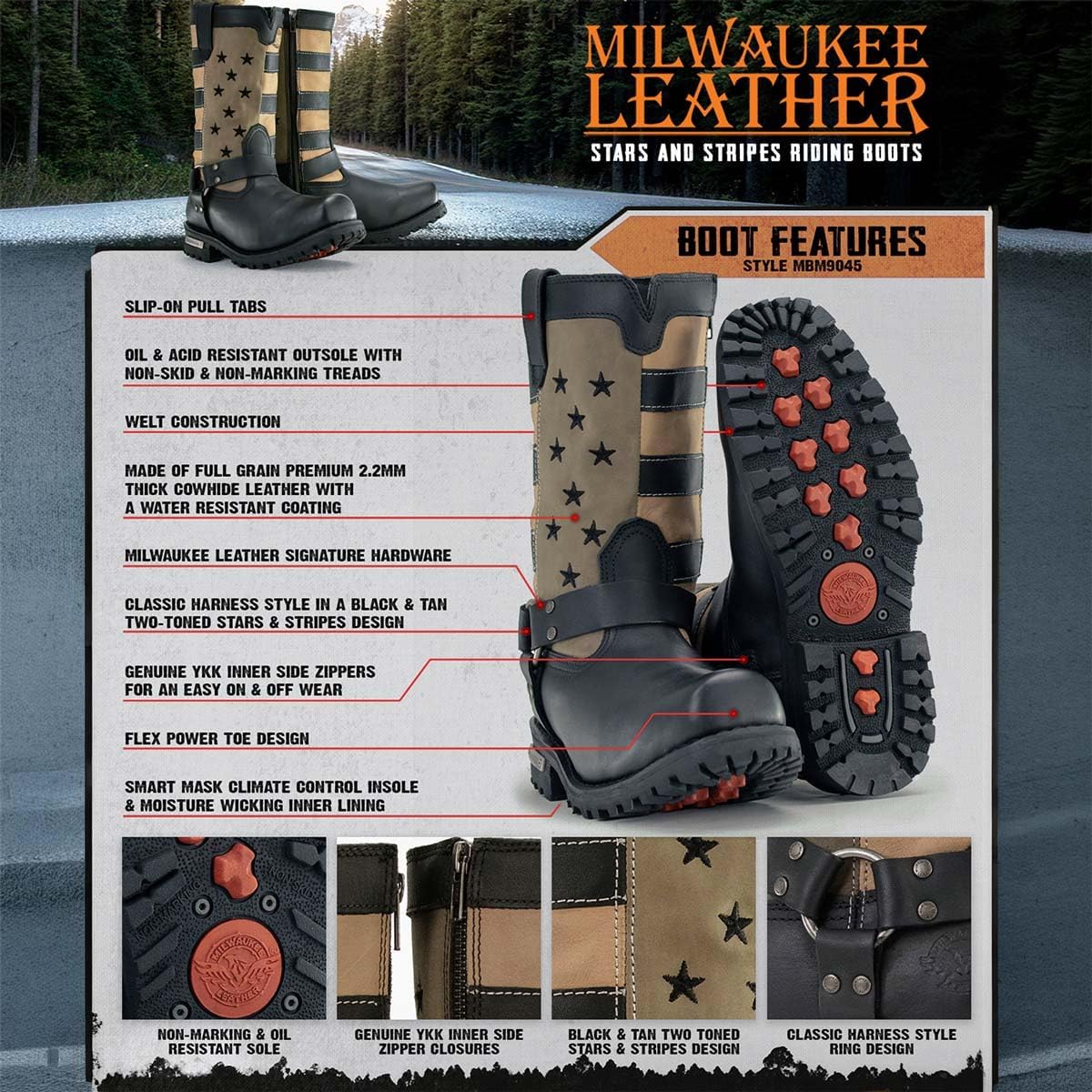 Milwaukee Leather Men’s Black & Tan Stars & Stripes Harness Motorcycle Boot (Size - 11.5)