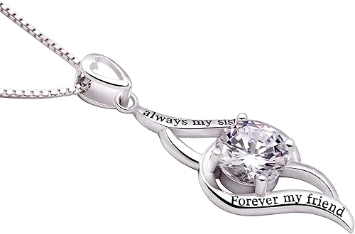 Miniatura 2 de ALOV Jewelry collar de plata con dije romántico de zirconia cúbica con frase "Always my sister, forever my friend"