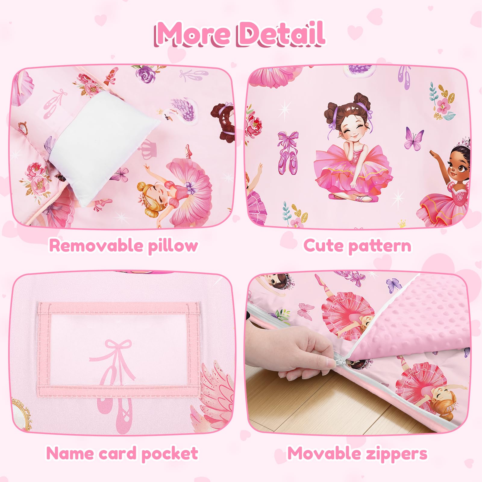 Kids Sleeping Nap Mat with Removable Pillow, 24×59 In Toddler Sleep Bag, ballet princess - Image 4