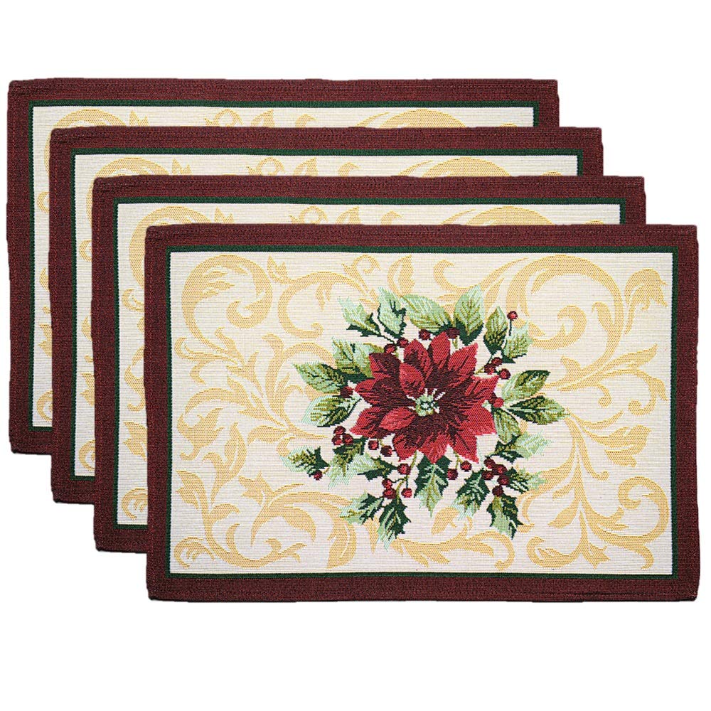 Homvare Christmas Holiday Placemats for Home Decoration Heat Resistant Washable - 13”x19”- Set of 4 - Poinsettia