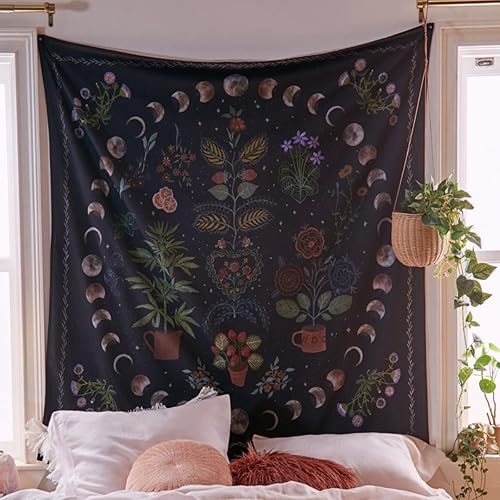 MOROBOR Botanical Moon Phase Tapestry, 51.2ʺ x 59.1ʺTapestry Wall Hanging Bohemian Wall Decor Blanket Floral Plants Tapestry for Living Room - Botanical Moon Phase