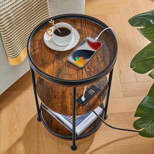 Miniatura 9 de Dulcii Mesa auxiliar redonda con estación de carga, mesa auxiliar con 3 estantes para sala de estar, mesita de noche de dormitorio para espacios