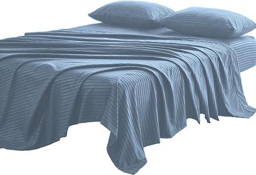 Kingnex Oversized King Flat Sheet 132x110 with Striped Pattern for Extra Wide Tall King or Cal King Bed Durable Soft Brushed 1800 Microfiber Top Sheet Only Blue