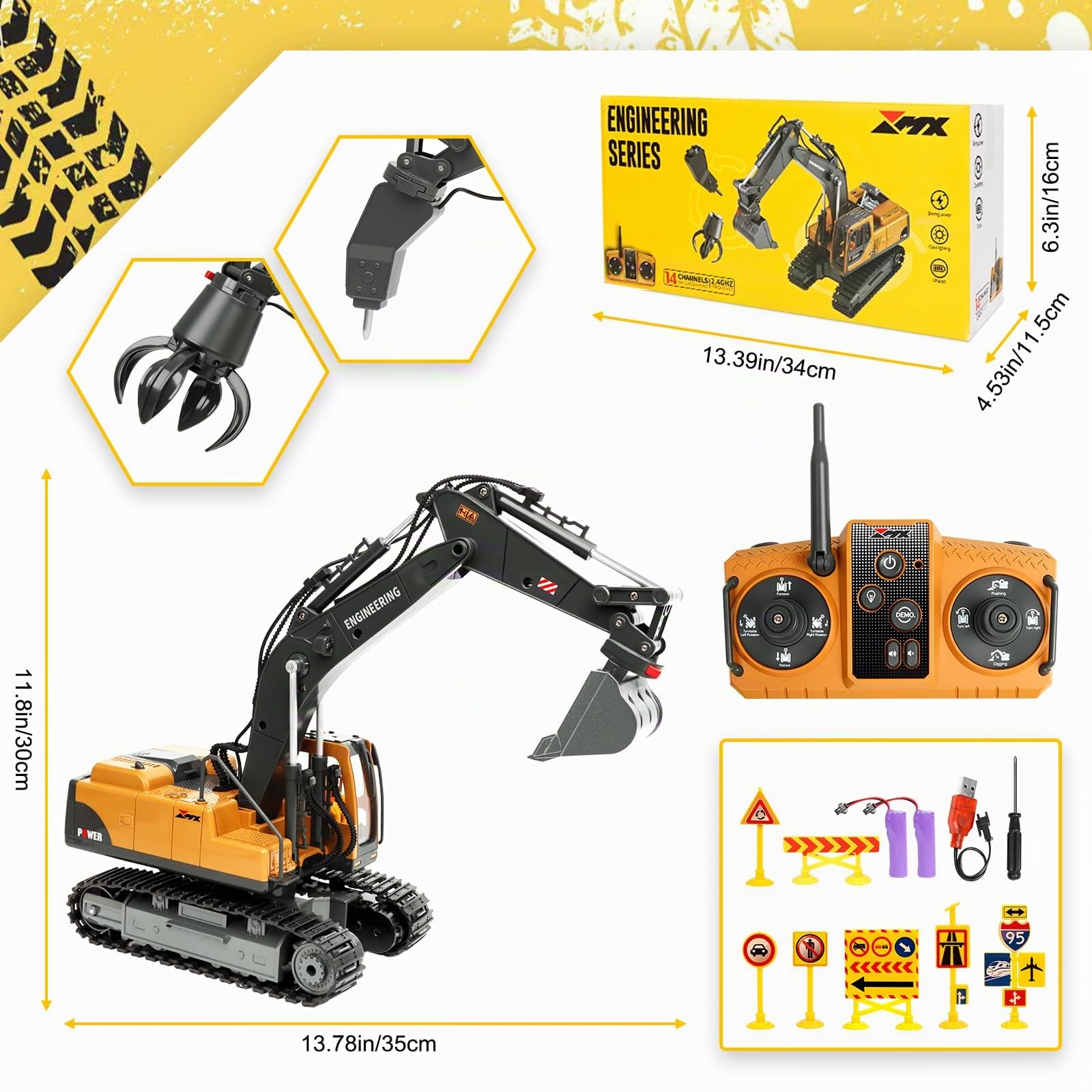 Charmofun 3-en-1 Excavadora Teledirigida, Juguete RC con 3 Cabezas de Metal, Cabina Giratoria 680° con Luces y Música, Regalo para Niños 3-12 Años