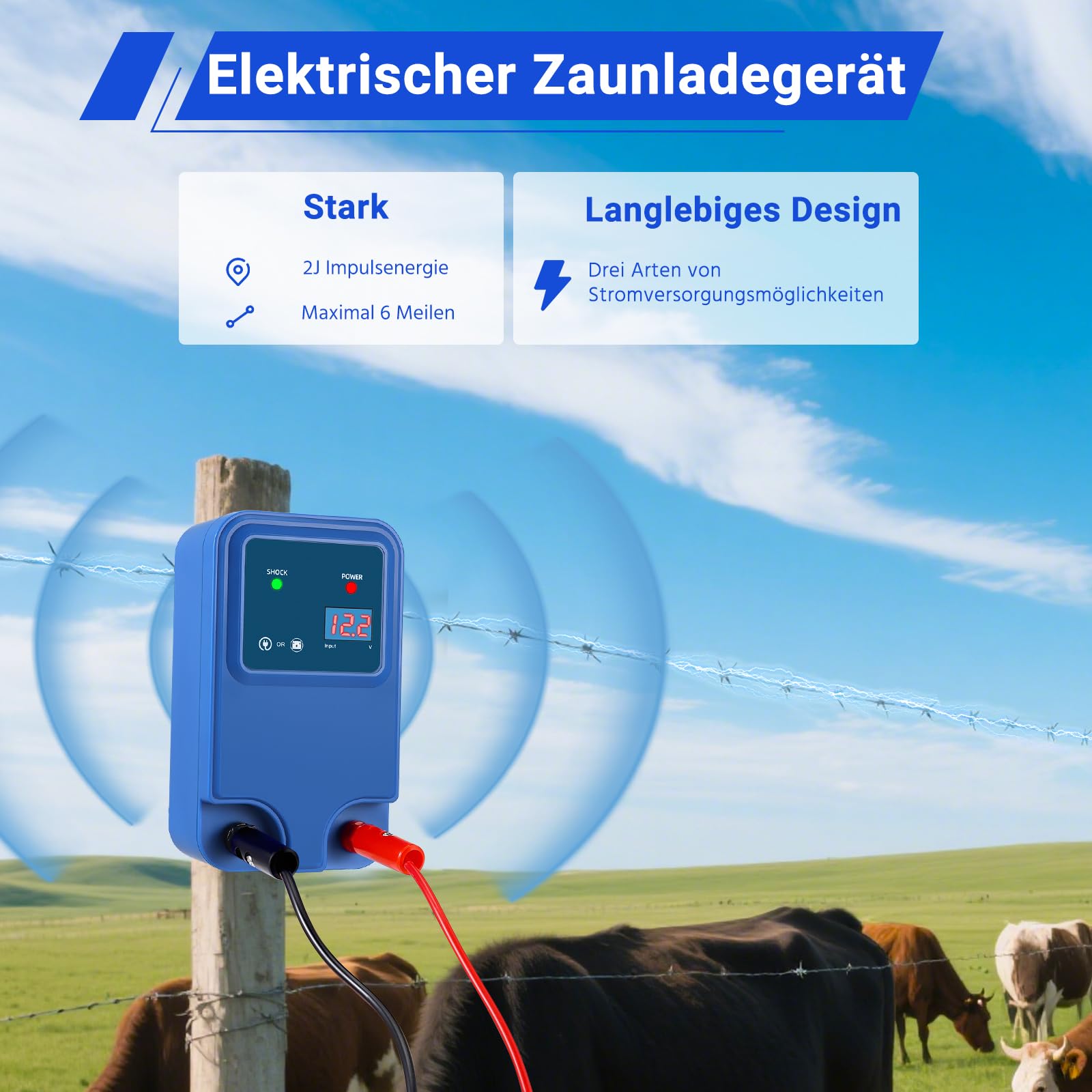 Valla eléctrica de 1,5 J, salida de 12 V, para 2 hasta 15 km, para perros, gatos, pollos, caballos, buey, oveja, cerdo, aves de corral